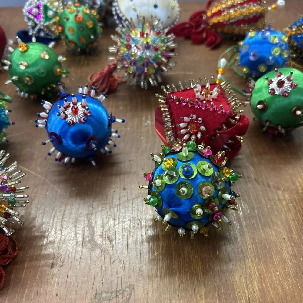 Lot Of 23 MCM Push Pin Beaded Christmas Ornaments Hand Made Mid Century